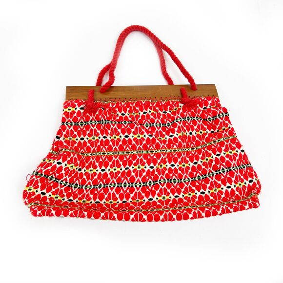 Vintage 1970s Hand Made Red Fabric Purse With Wooden Accent
